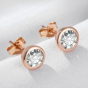 14K Rose Gold Natural Zircon Bezel Stud Earrings